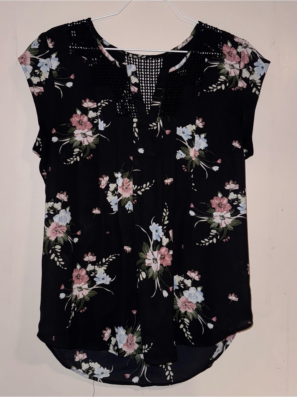 Daniel Rainn Black Floral Split-Neck Top with Pink & Light Blue Flowers